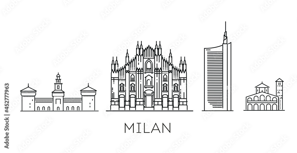 Italy, Milan detailed monuments silhouette.