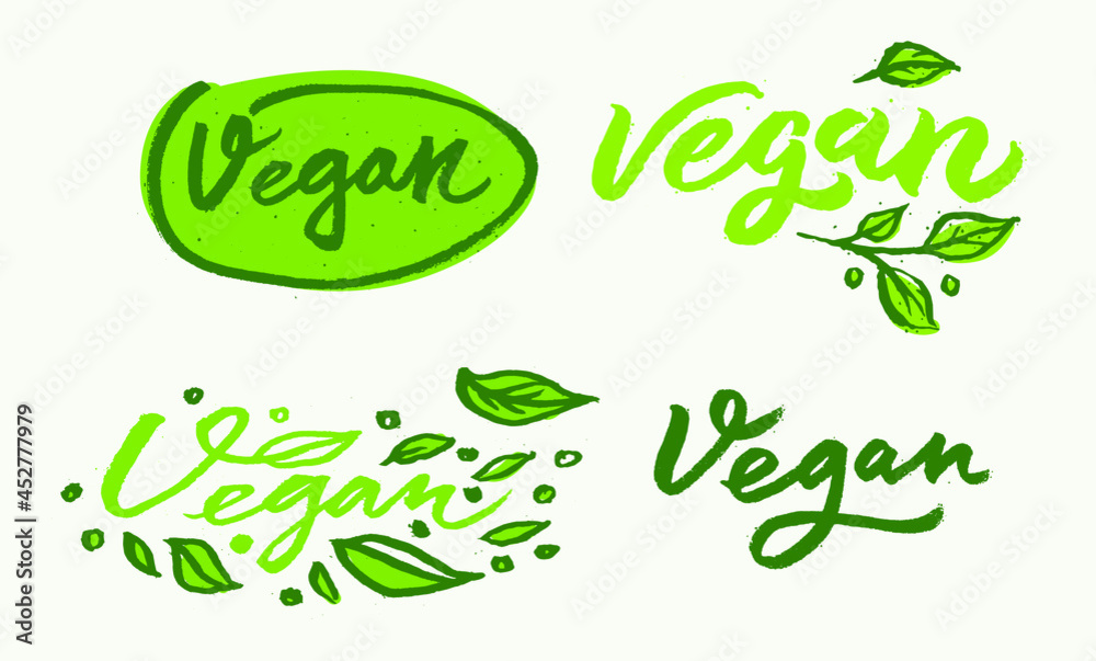 Vegan. Handwritten lettering for restaurant, cafe menu. Vector elements for labels, logos, badges, stickers or icons. Calligraphy and typography vector illustration. Vegan. Handwritten lettering for restaurant, cafe menu. Vector elements for labels, logos, badges, stickers or icons. Calligraphy and typography vector illustration.
