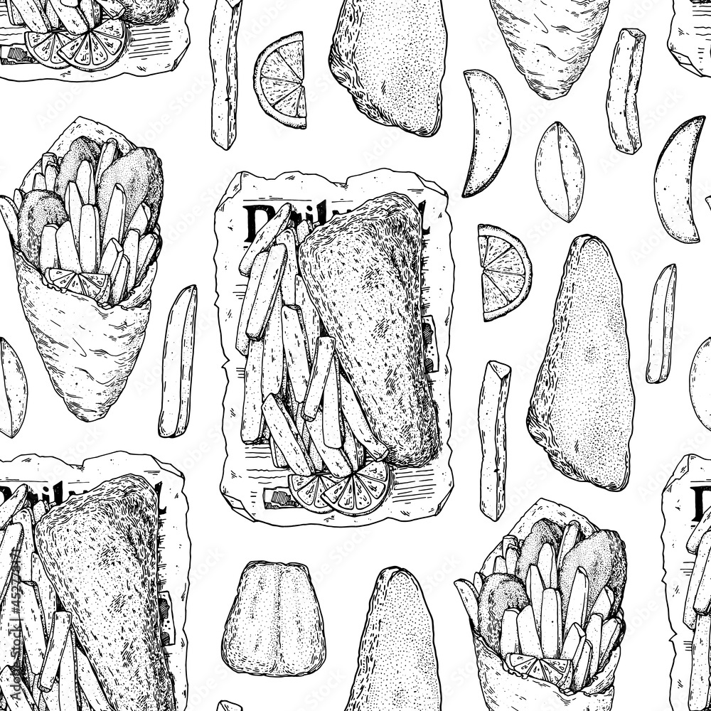 Seamless pattern Fish and Chips sketch vector illustration. British pub food. Hand drawn