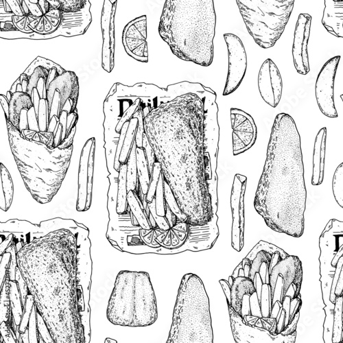 Seamless pattern - Fish and Chips sketch vector illustration. British pub food. Hand drawn sketch. Cooking fish and chips. Engraved hand drawn vintage image. Menu design template.