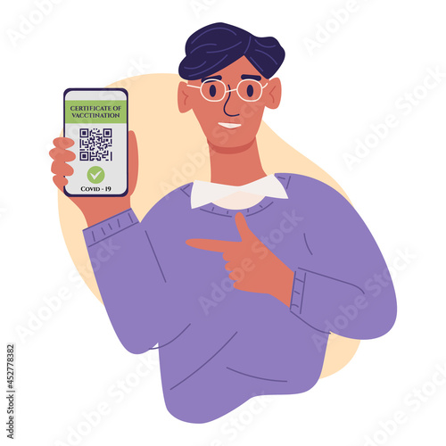 Certificate of vaccination vector flat cartoon illustration. Young man showing smartphone with vaccine QR code in mobile app or screen. Covid-19 coronavirus vaccine certificate