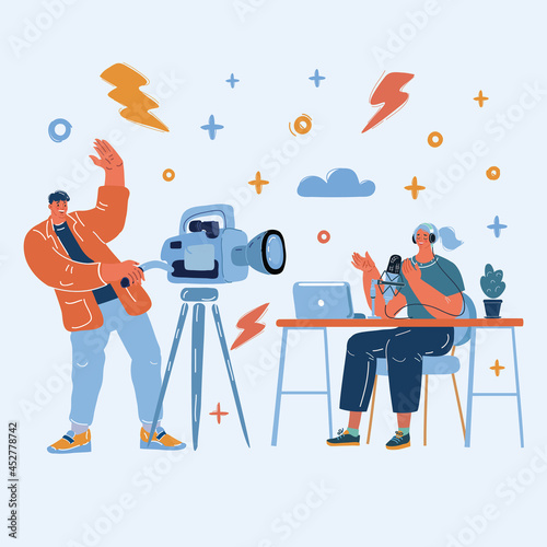 Vector illustration of man and girl video bloggers.