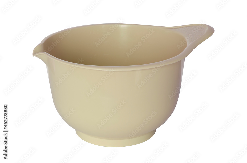 Empty plastic mixer bowl with a spout close-up. An isolated object on a white background. Kitchen utensils, dishes, a ladle. Empty plastic mixer bowl with a spout close-up. An isolated object on a white background. Kitchen utensils, dishes, a ladle.