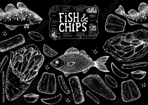 Fish and chips sketch vector illustration. British pub food. Hand drawn sketch. Cooking fish and chips. Engraved hand drawn vintage image. Menu design template.
