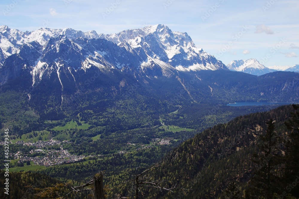 View from Kramerspitz mountain to Zugspitze and Eibsee, Upper Bavaria, Germany