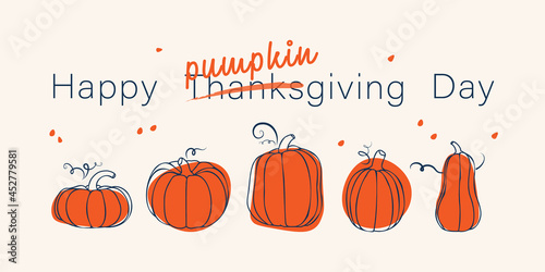 Happy Thanksgiving Day cute greeting card. Hand drawing pumpkins of different shapes. And pumpkin day in October.