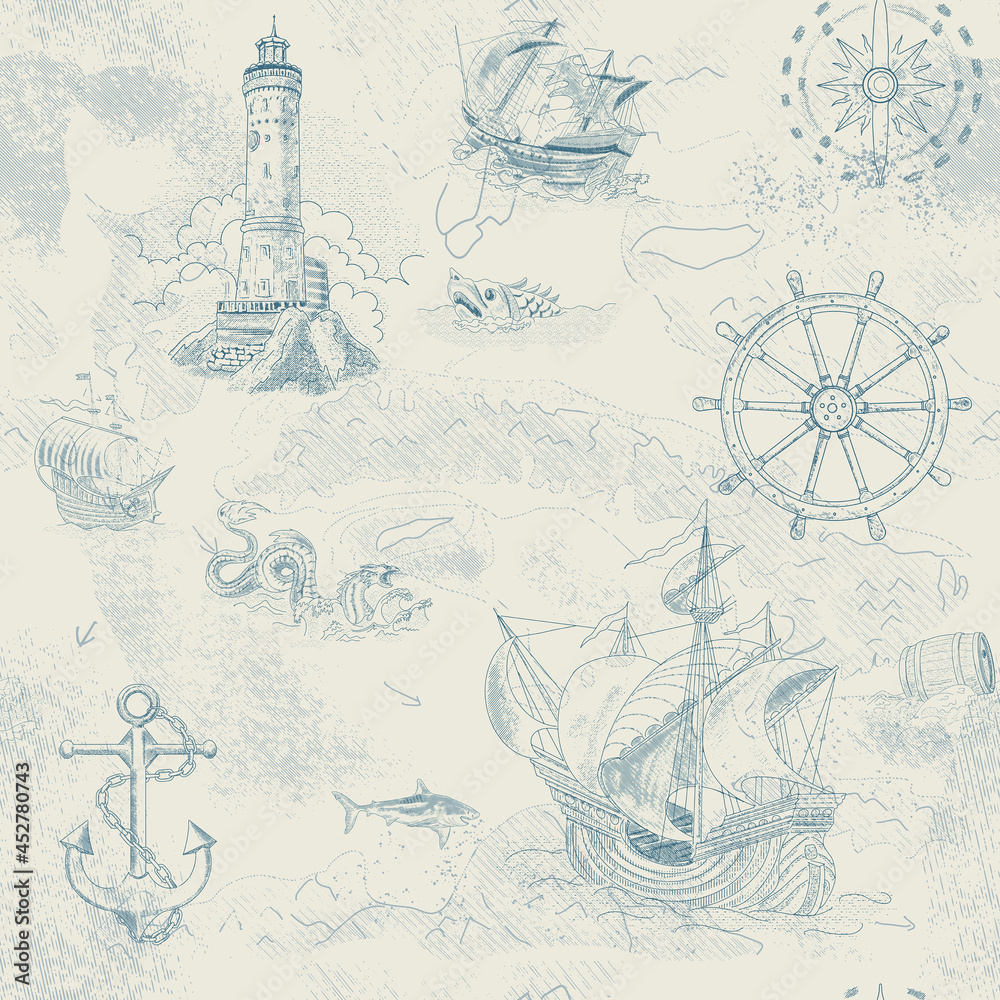 Vector Seamless pattern on the theme of travel, adventure and discovery. Vintage hand-drawn sailboats, sunken ships, map, wind rose, anchor, steering wheel, compass. Attributes of maritime navigation