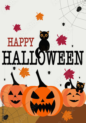 Happy Halloween with pumpkins, black cats, autumn leaves, spiders, cobwebs. Vector illustration. 
