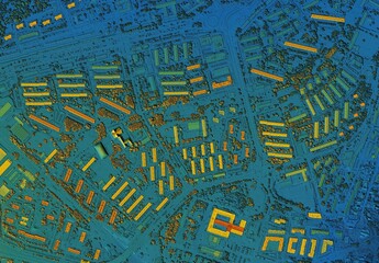 Digital elevation model. GIS product made after proccesing aerial pictures taken from a drone. It shows city urban area with roads and suburbs