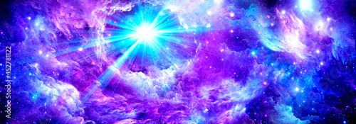 Cosmic purple background with bright stars and nebulae