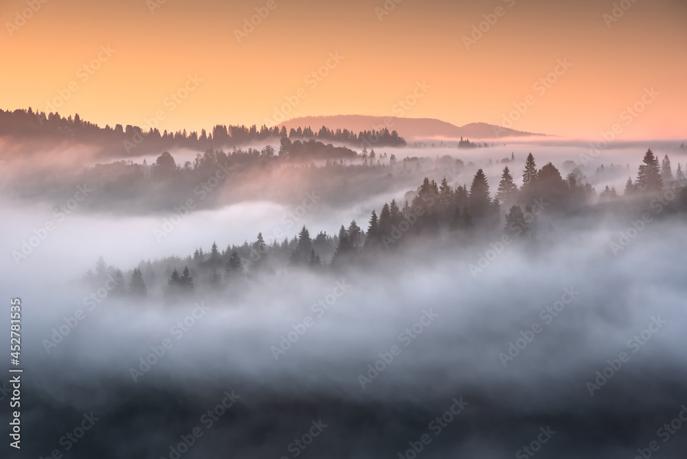 View of alpine valley covered with fog