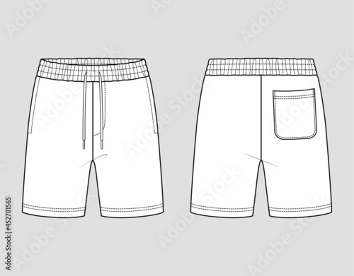 Sweat shorts with elastic waist. Men's sportswear. Vector technical sketch. Mockup template.