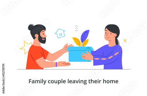 Cute couple is leaving their home for new place on white background. Concept of people packing up belongings and relocate to new places. Flat cartoon vector illustration
