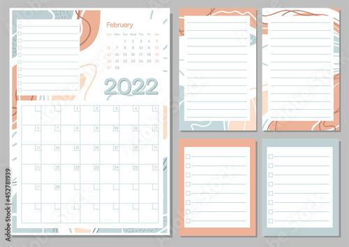 February 2022 calendar month planner in pastel color, week starts on Sunday, planner and notes pages collection set. Drawing page for notes, notebooks, diary, organizer and schedule