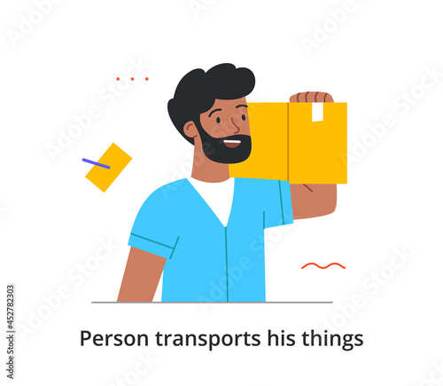 Bearded cheerful male character is transporting all of his things to a new place on his own on white background. Concept of packing up and relocating to a new home. Flat cartoon vector illustration