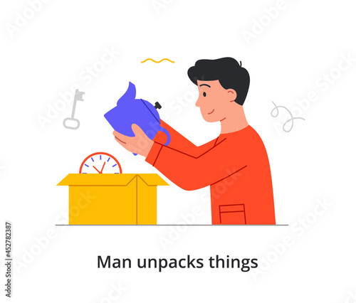 Young smiling male character is unpacking all of his things after moving to a new place on white background. Concept of unpacking after relocating to a new home. Flat cartoon vector illustration