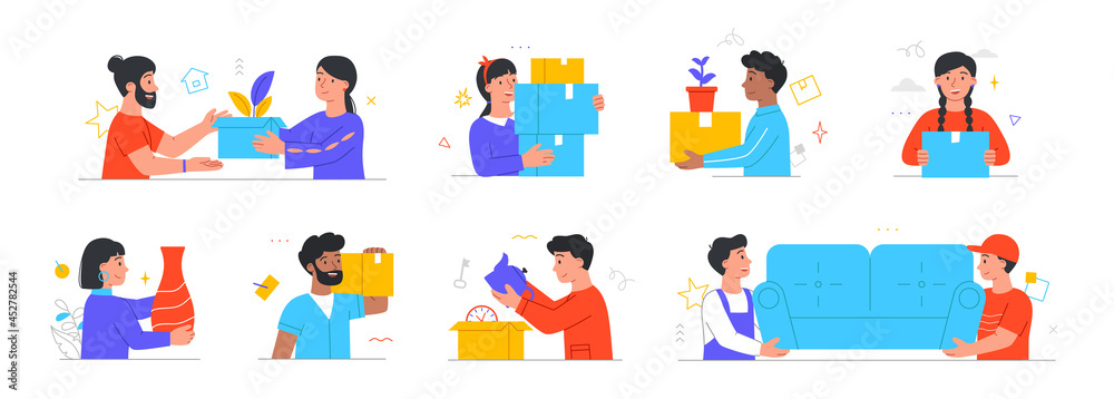 Set of male and female characters moving or leaving their homes and offices on white background. People pack belongings and relocate to new places. Transportation. Flat cartoon vector illustration Set of male and female characters moving or leaving their homes and offices on white background. People pack belongings and relocate to new places. Transportation. Flat cartoon vector illustration