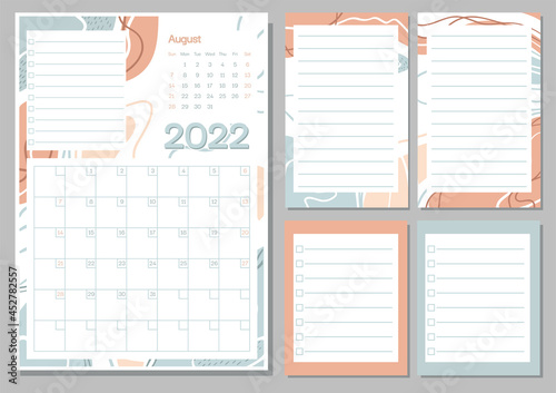 August 2022 calendar month planner in pastel color, week starts on Sunday, planner and notes pages collection set. Drawing page for notes, notebooks, diary, organizer and schedule