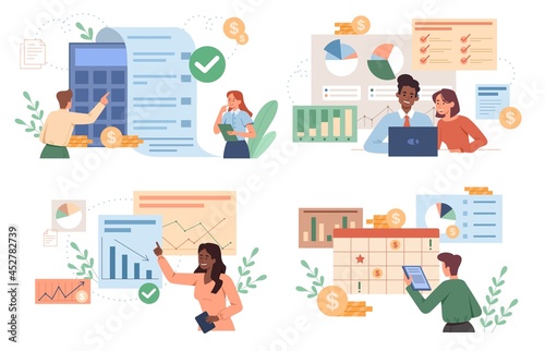 Set of male and female characters are analyzing personal or corporate budget on white background. Finance accounting and calculation income on infographics. Flat cartoon vector illustration