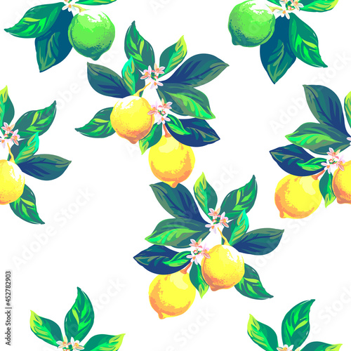 Lemon citrus vector pattern. Botanical vector illustration. Summer background. Floral design.