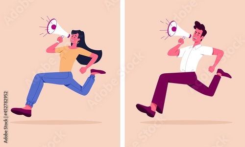 Young male and female characters are running and shouting in megaphone for getting attention on pastel background. Concept of announcement, speaker, advertising. Flat cartoon vector illustration