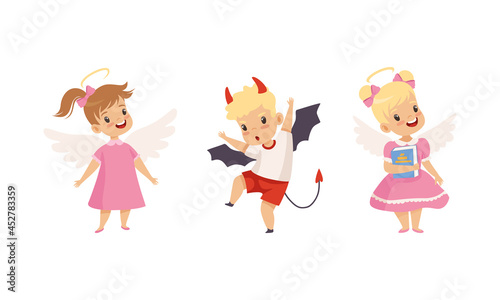 Naughty Boy with Devil Horn and Obedient Little Girl in Neat Dress with Angel Wings Vector Set