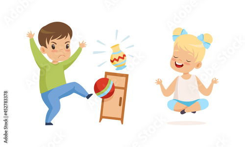 Naughty Boy Kicking Ball Breaking Vase and Obedient Little Girl Sitting in Lotus Yoga Pose Vector Set