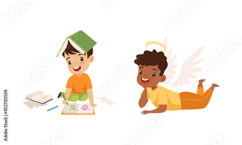 Naughty and Obedient Little Boy Drawing in Book with Felt Pen Vector Set