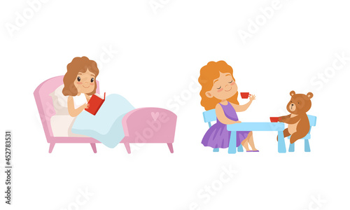 Obedient Girl with Good Breeding Playing with Teddy Bear and Reading Book in Bed Vector Set