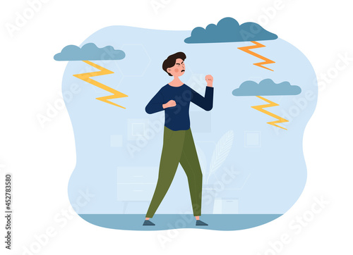 Young male character is feeling anger and rage surrounded by lightnings. Negative emotions, aggression and psychological problems. Man in stressful situation. Flat cartoon vector illustration © Rudzhan