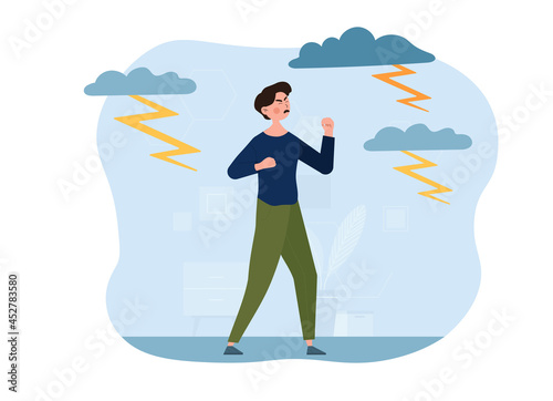 Young male character is feeling anger and rage surrounded by lightnings. Negative emotions, aggression and psychological problems. Man in stressful situation. Flat cartoon vector illustration