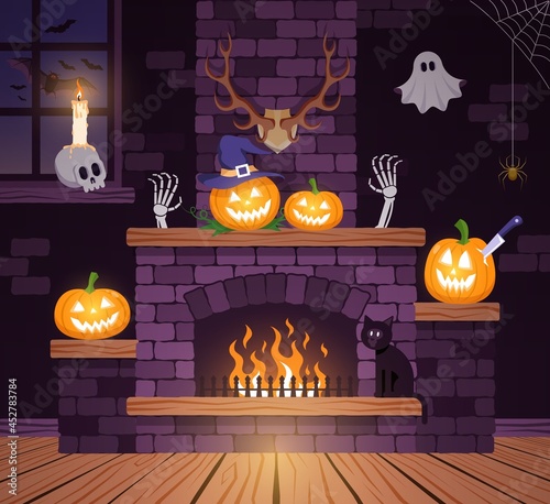 Halloween room in the old castle. Festive halloween fireplace with pumpkins. Vector illustration.