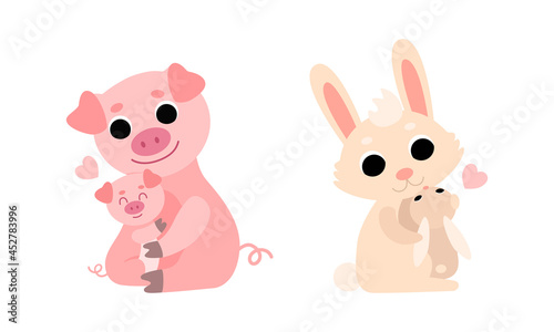 Little Baby Animal and Their Mom Cuddling and Loving Each Other Vector Set