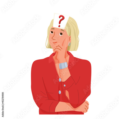 Thinking, question, doubt concept vector illustration. Young confused woman with large problem mark sticker on her forehead. Isolated on white background