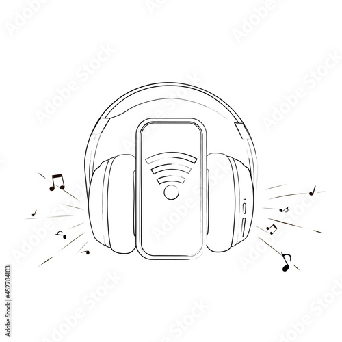 A linear drawing of headphones and a smartphone, a conceptual design of a banner for a music streaming service. Close-up. Vector