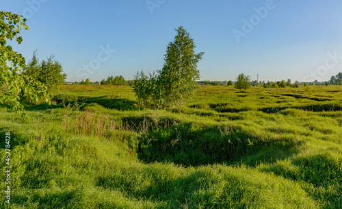 Overgrown with grass craters from shells and bombs on the "Nevsky Pyatachka", a bridgehead occupied by Soviet troops from 1941 to 1943. Memorial area with monuments and mass graves.