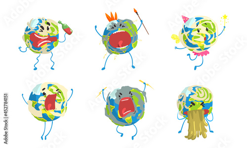 Funny Earth Planet in Various Actions Set, Globe Character Drinking, Fighting, Celebrating Holiday, Vomiting Cartoon Vector Illustration