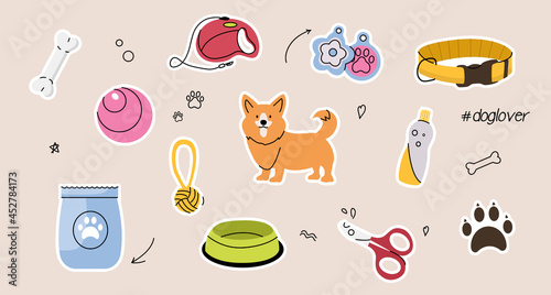 Set of cute dog supplies and equipment on yellow pastel background. Food, toys, home, collar, leash, tag, bone and other essential elements. Pet shop or store. Flat cartoon vector illustration