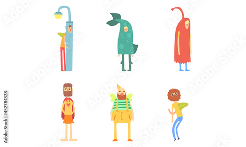 Strange People in Bizarre Costumes Set, Funny Men Dressed as Lamppost, Whale, Butterfly, Superhero Cartoon Vector Illustration