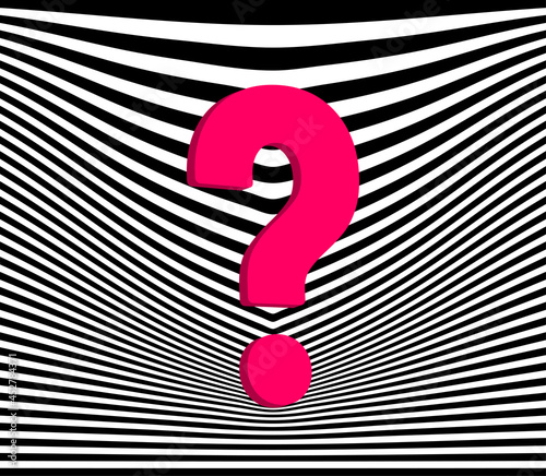 Large pink question mark vector illustration on wave striped textured monochrome background in 3d fashion style
