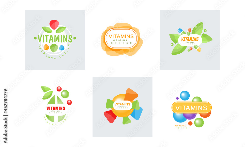 Vitamins Original Logo Set, Multivitamin Supplements Labels Cartoon Vector Illustration