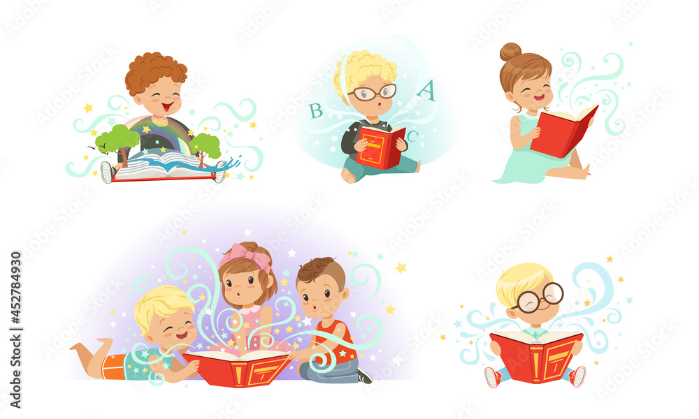 Adorable Children Reading Fairytale Fantasy Books Set, Fairy Magical Adventures, Kids Imagination Concept Cartoon Vector Illustration Adorable Children Reading Fairytale Fantasy Books Set, Fairy Magical Adventures, Kids Imagination Concept Cartoon Vector Illustration