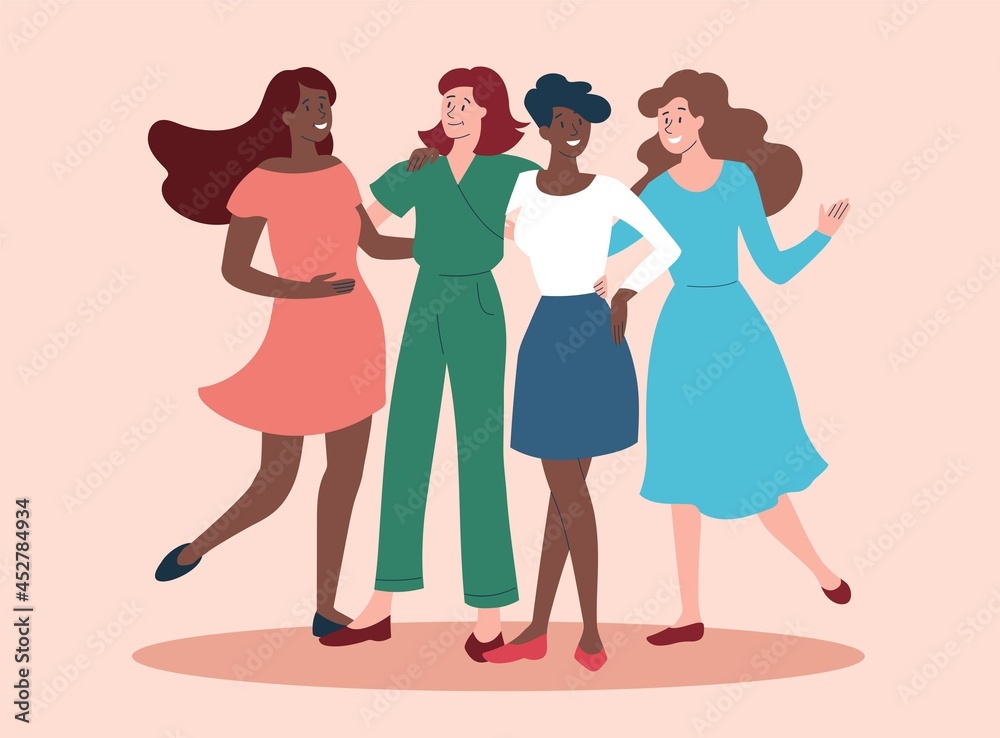 Happy diverse female characters are standing together on pink background. Group of smiling woman enjoying friendship, support and cooperation. Concept of female unity. Flat cartoon vector illustration