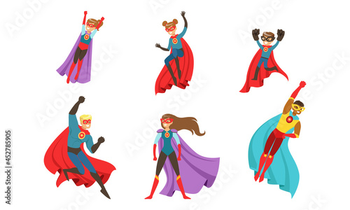 Superhero Characters Set, Brave Superman and Superwoman Characters Cartoon Vector Illustration