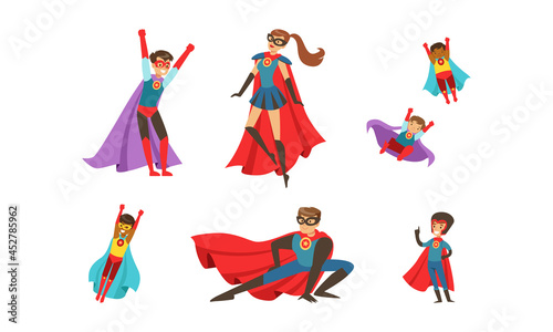 Superhero Characters Set, Superman and Superwoman Characters Wearing Costumes and Capes Cartoon Vector Illustration