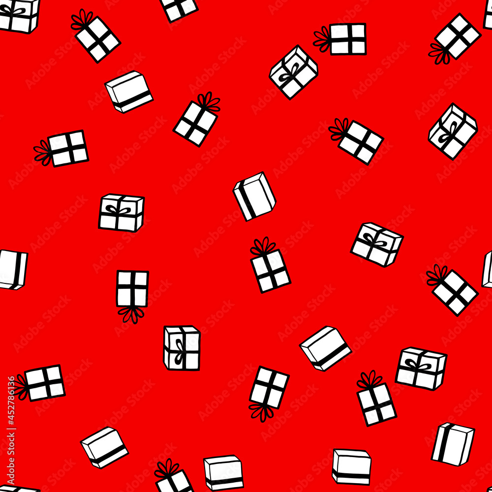 Fototapeta premium Holiday seamless pattern with present on color background. Vector illustration for Birthday, Merry Christmas, New year. Template design for invitation, poster, card, fabric, textile. Doodle style.