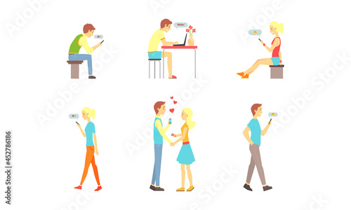 People Having Virtual Date Set, Young People Looking for Couple and Chatting Smartphones Cartoon Vector Illustration