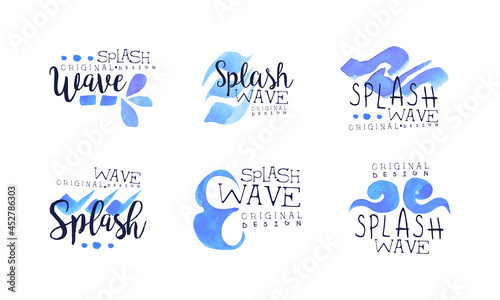 Splash Wave Original Logo Design Set, Nature, Eco, Ocean, Sea, Swimming Pool Labels, Corporate Identity Design Element Hand Drawn Vector Illustration