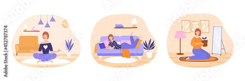 Set of scenes with female character staying at home on white background. Young woman takes care for houseplants, reading book, doing yoga. Concept of self isolation. Flat cartoon vector illustration