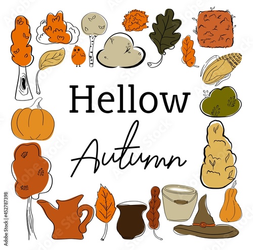 A set of autumn elements for the decor of invitations, postcards, web pages, posters. Stylized trees, autumn vegetables, buckets and leks,a witch's hat.